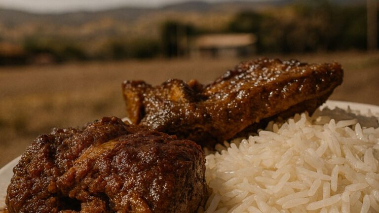 Plato tradicional de chivo al hueco con arroz blanco, servido en el entorno del bosque seco de El Progreso en Cazaderos como parte de una experiencia gastronómica vivencial.