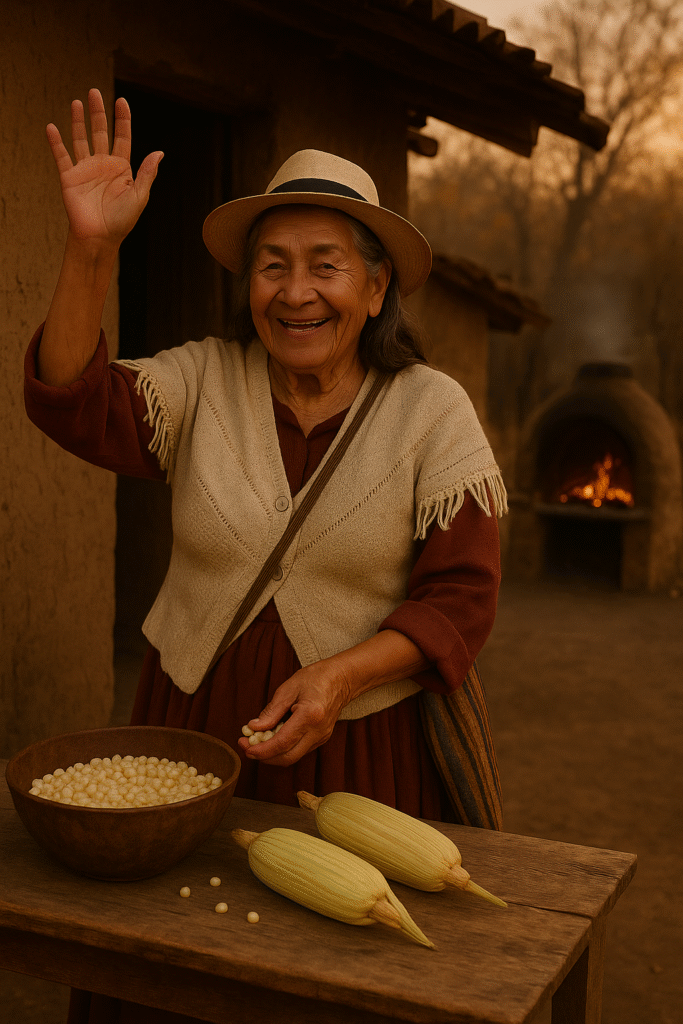 Doña Encarnación, sabia guardiana del bosque seco, saluda mientras desgrana choclos frente a su cabaña ancestral, símbolo de las raíces y memorias del pueblo.