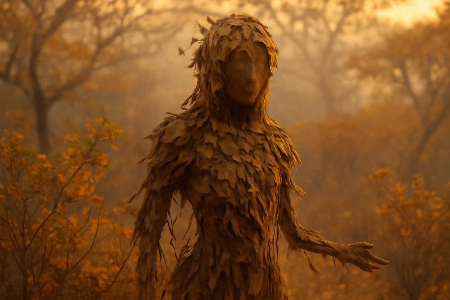 Representación de Nia, la Guardiana del Bosque Seco, figura formada por hojas secas.